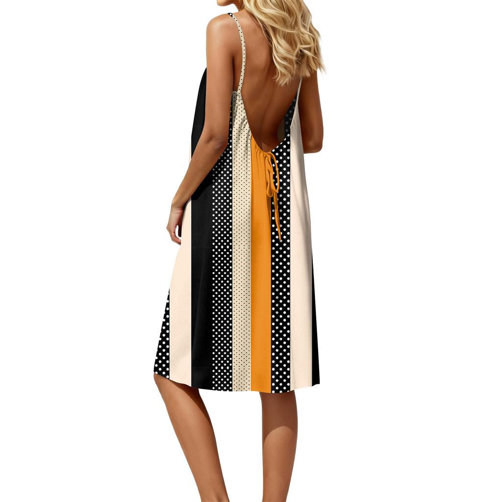 Damen-Rückenfreies Spaghettiträger-Kleid, Ärmelloses Dünn-Träger-Fließendes Strandurlaub-Kurzkleid, Mit Rückenband.