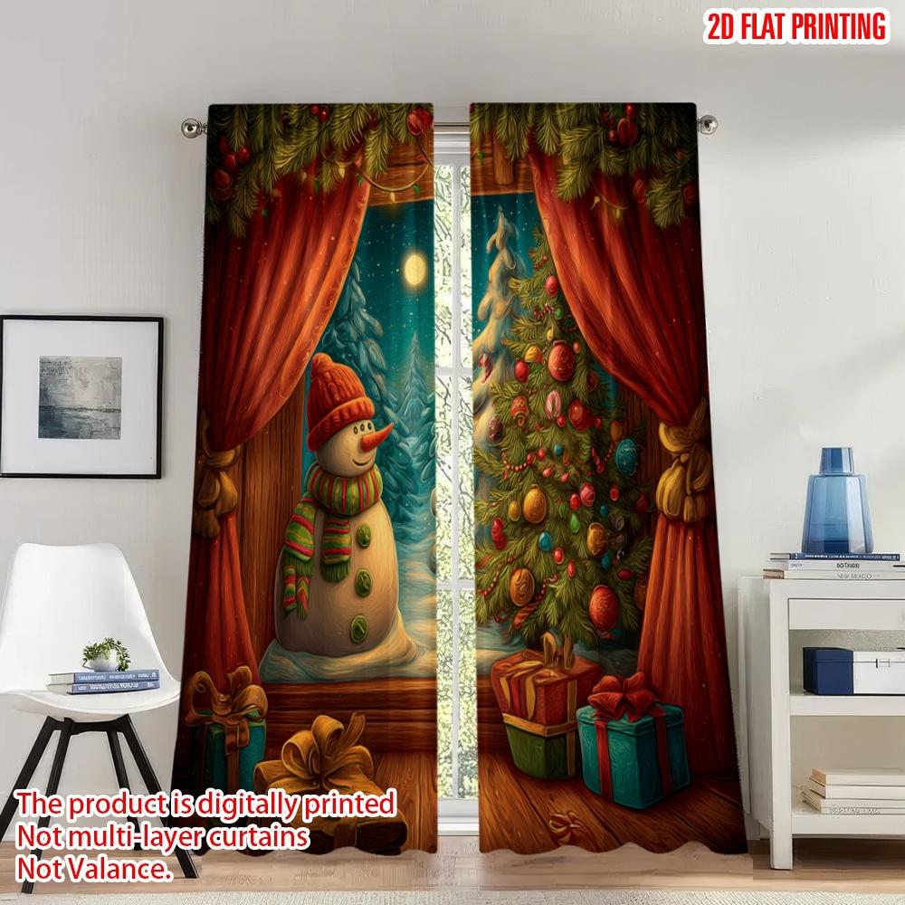 

Set Of 2 Flat Printing Fashionable Christmas Curtains Snowman Tree Gifts Digital Printed Polyester Drapes Family Curtain Made W100*H70(CM)-Grommet top&2PCS