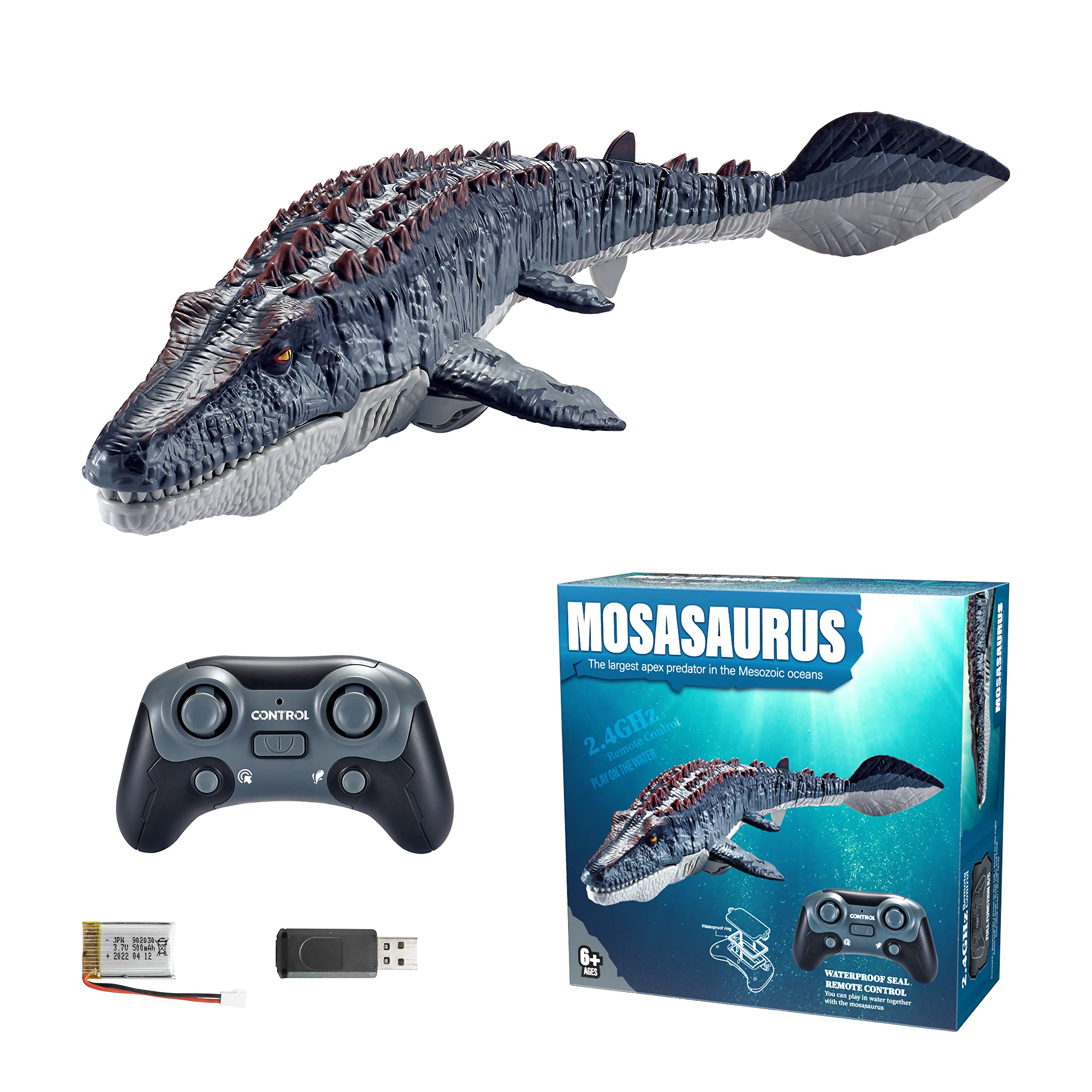 

OBEST Dinosaur-Shaped Marine Animal Remote Control Toy, Mosasaurus Water Toy, USB Charging, Perfect for Summer, Gift, 2 Batteries, RC Remote Control