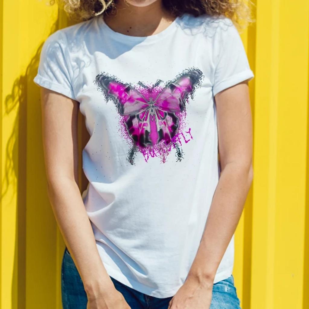 Women's round neck butterfly and letter printing casual spring and summer T-shirt novel and unique