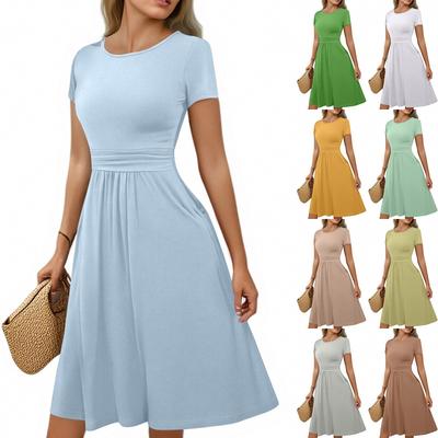 Damen Lässige Mode Rundhals Plissiert Kurzarm Einfarbig A-Linie Midi Kleid