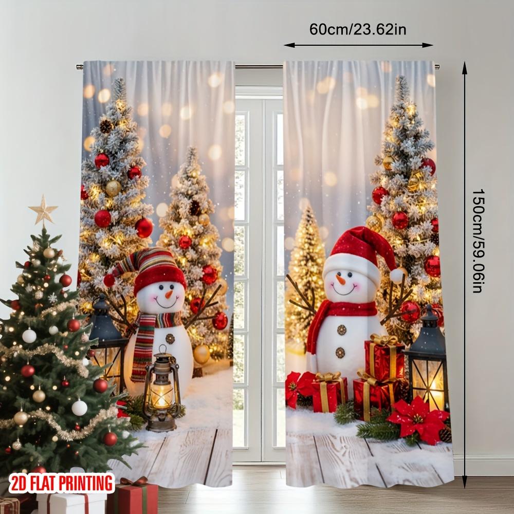 2Pcs Polyester Festive Snowman Christmas Printing Window Curtains Birthday Party Decoration Backdrop Drapes for Living Room