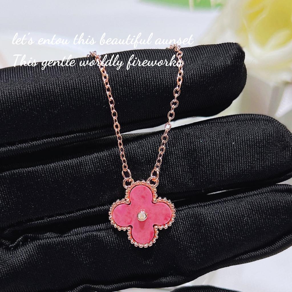 Internet Celebrity Lulu Four-Leaf Clover Necklace Women'S Light Luxury Niche Design Premium Rosewood Bracelet Stud Earrings Pink Diamond Set