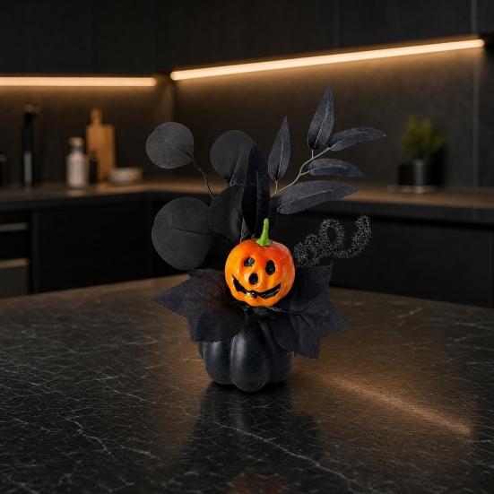 Halloween Spooky Pumpkin Decoration, Eyeball Pumpkin Figurine with Black Artificial Leaves, Holiday Party Ornament for Home, Office, Haunted House