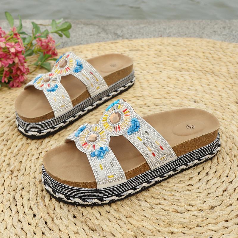 European and American Retro Ethnic Diamond Surface Thick-soled Slippers Double Buckle Large Size Beach Cork Slippers