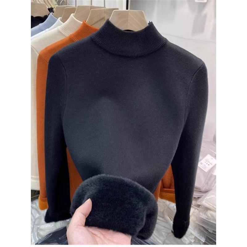

Утепленный цельнокроеный флисовый свитер, полуприлегающий свитер с высоким воротом для многослойной носки, базовый топ, женский осенне-зимний приталенный простой вязаный свитер XL чёрный