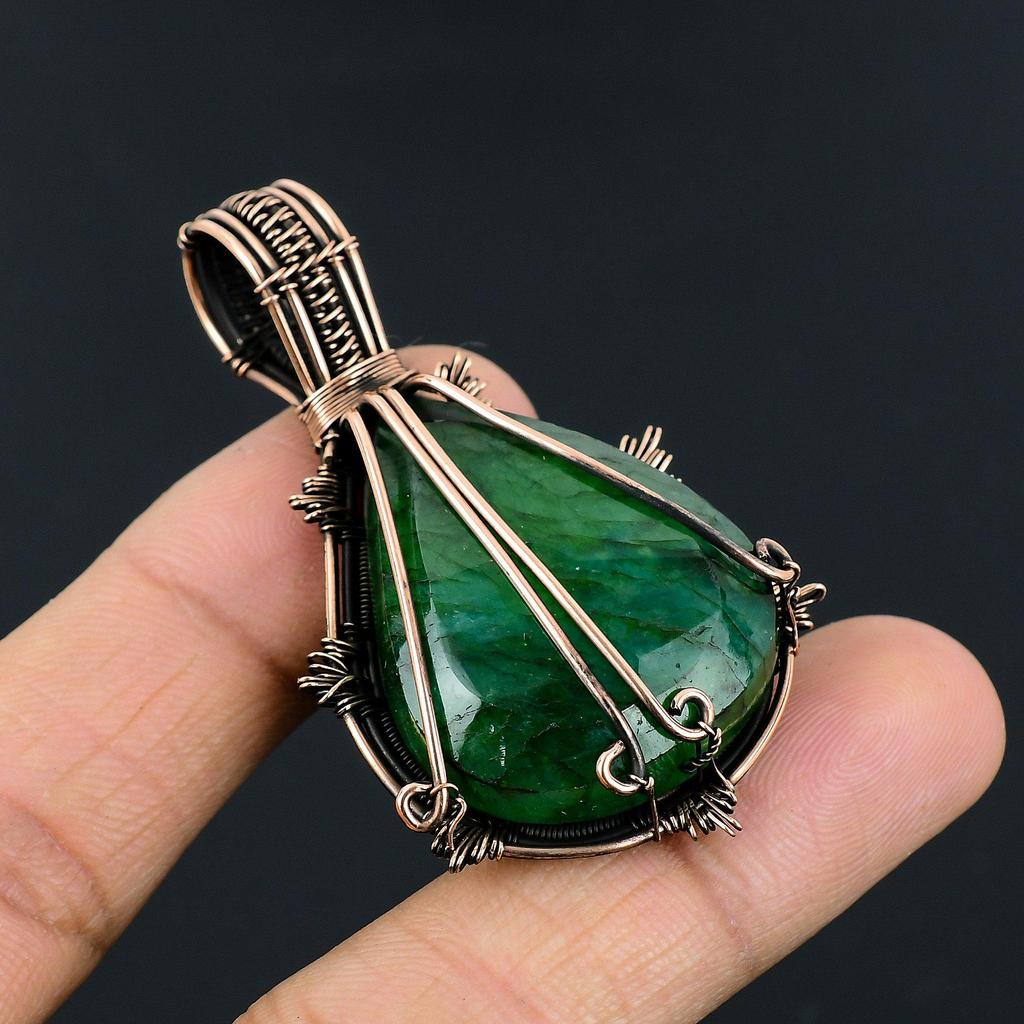 Emerald Pendant, 999 Copper Wire Wrapped Pendant Gemstone Jewelry, Handmade Pendant Amazing Jewelry, Gift For Her