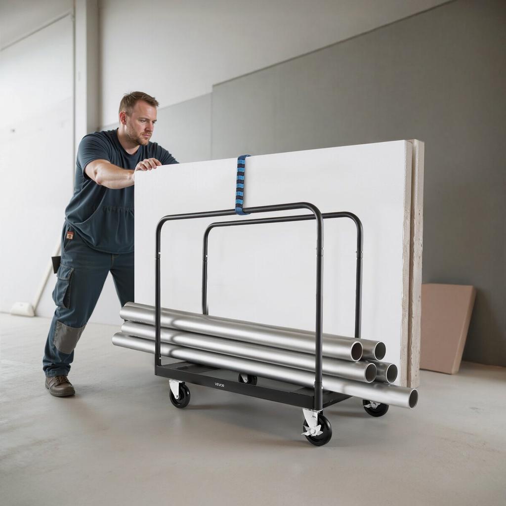 Gipskarton-Wagen Dolly, 816 kg Tragfähigkeit, Stahlplatten-Transportwagen mit 12,5 mm Lenkrollen, Holz-Gipskarton-Dolly mit Spanngurt & 3 Seiten