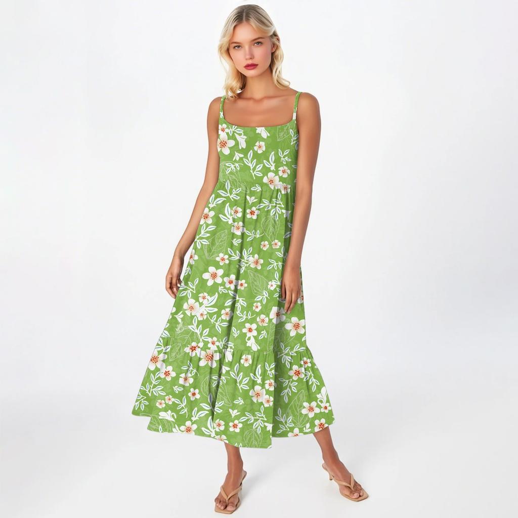 Damska Długa Plażowa Codzienna Elegancka Sukienka Maxi na Cienkich Ramiączkach, Szyta, Subtelna, Zwiewna Sukienka w Stylu Boho