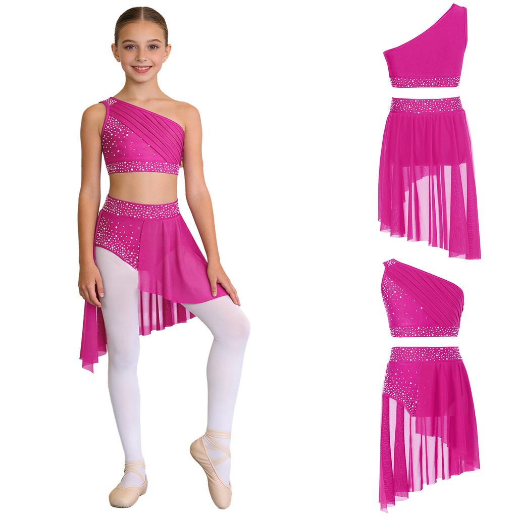 Kinder Mädchen 2-tlg. Glänzendes transparentes Netz-Crop-Top mit Rock Lyrischer Tanzkleid Ballsaal Kostüm