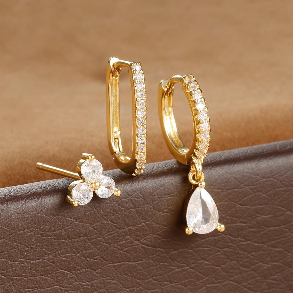 3PCS Fashion Water Drop Huggie Hoop Earrings Set for Women Three-petal Flower Stud Earrings Prevent Allergy Piercing Jewelry