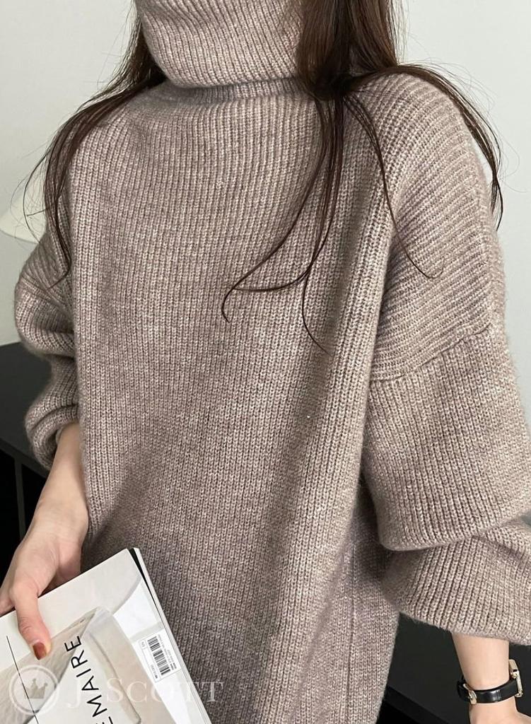 Knit Turtleneck Drop Shoulder Volume Sleeve Midi Length French Dowel Clothes Effect Large One Piece Puff Sleeves Delicate Look Loose Cute Off