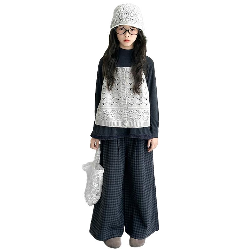 Girls' Plaid Wide-Leg Pants 3-Piece Set for Spring/Autumn 2025