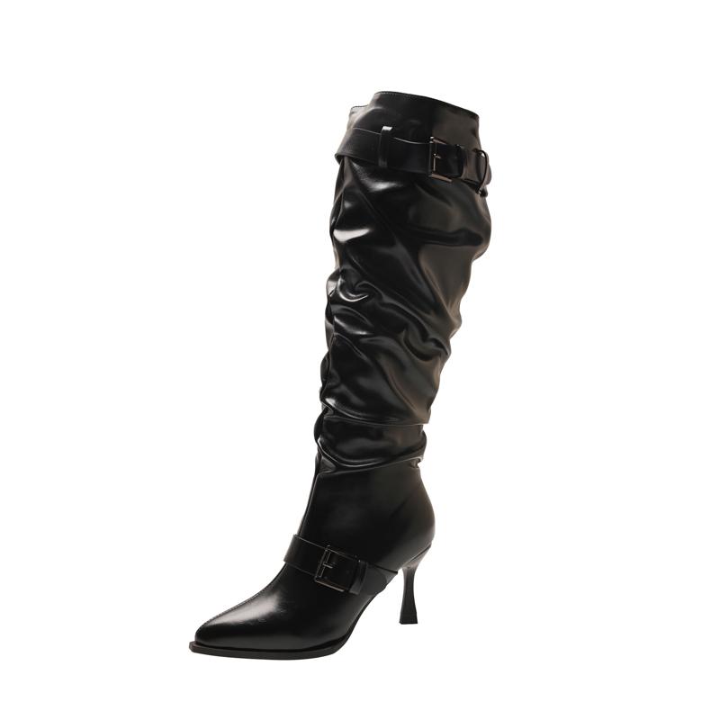 Pointed Toe Thin Sole Stiletto Heel Plus Size Pleated Mid-leg Boots Women's Shoes