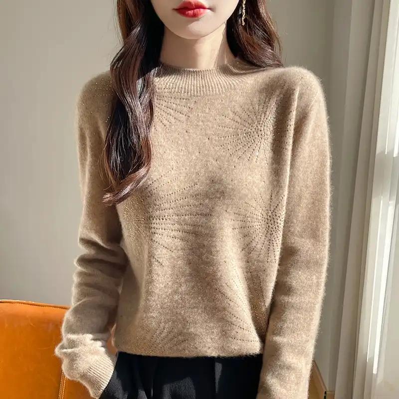 Suéter para Mujer Otoño Invierno Pulóver Espesado Cálido Tejido a Rayas Cuello Redondo Capa Base Elástico Manga Larga Jerséi Oversize Tops