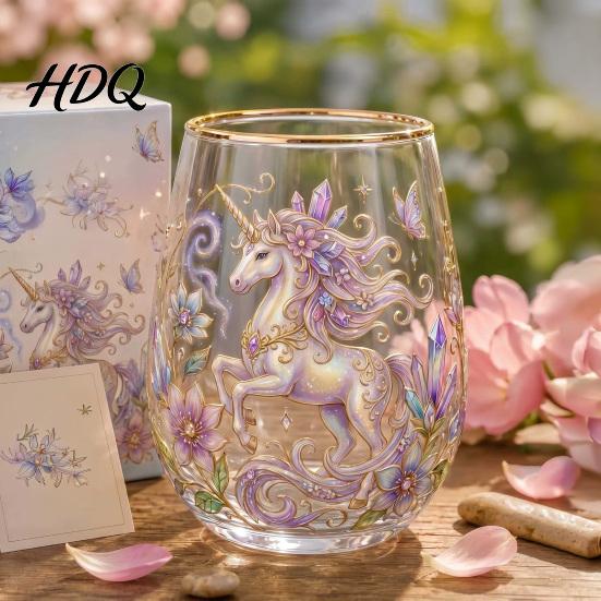Hand-painted Glass Cup Hand Painted Tumbler Egg Shaped with Gold Rim Clear