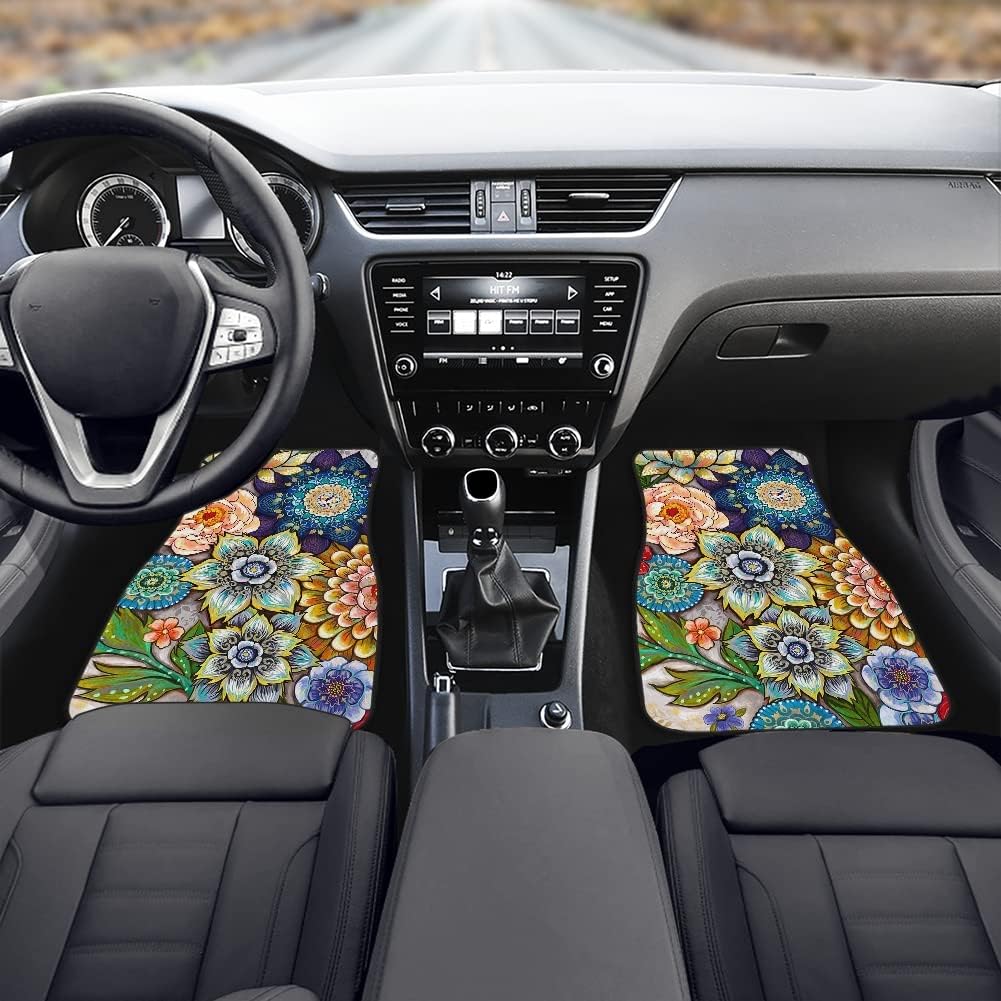 Decorative Boho Floral Print Car Floor Mats Set, Front & Rear Liners Set,Universal Fit Auto Carpet for Women Girls, decoration