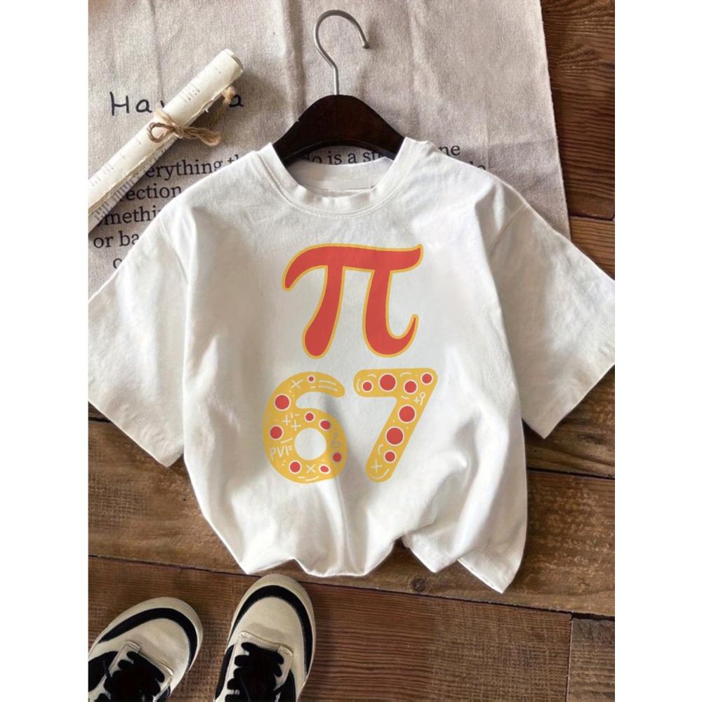 Summer Pi Pizza Cute Bow 67 Six Seven Print Kids Short Sleeved Shirt Polyester Casual Children's T-shirt Girls Fashion Clothes Tees