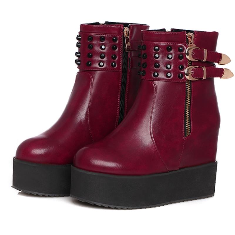 

Платформа Женские Ботильоны на Танкетке Высокий Каблук Короткие Ботинки для Женщин Пряжка Черные Осенние Зимние Вечерние Туфли Женские Большой Размер 47 38 вино красного