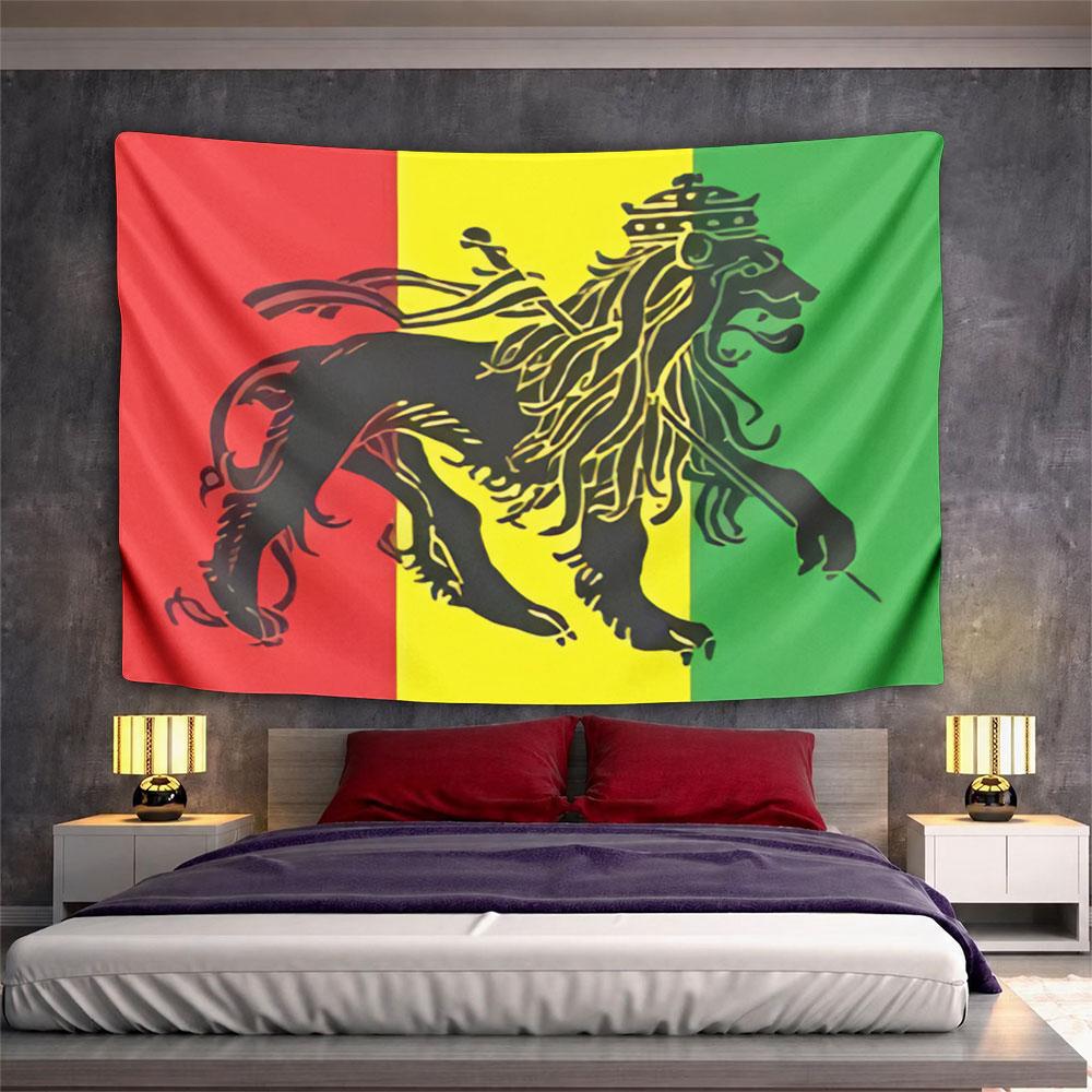 A crowned lion holding a staff on a red, yellow, and green striped background. Patterned tapestry for bedroom and living room home decor