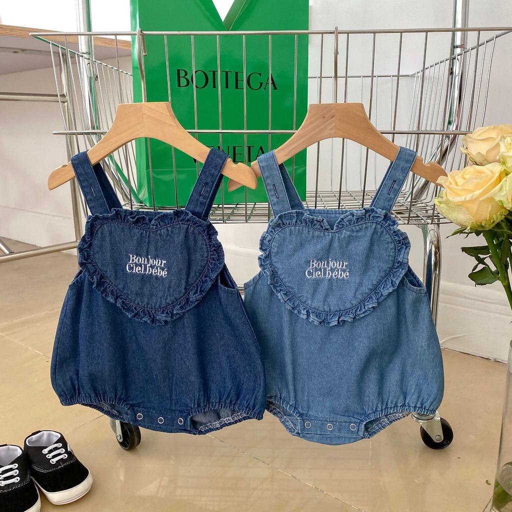 Baby Summer Washed Soft Denim Embroidered Romper with Suspenders Cute Infant Crawl Suit