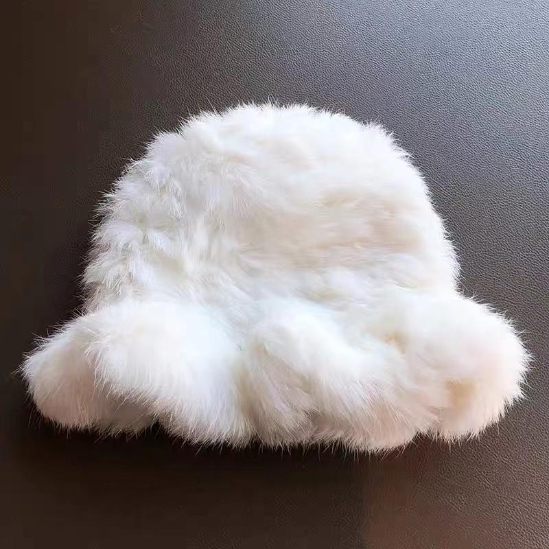 Fashion Rabbit Fur Patchwork Knit Bucket Hat Women Warm Fall Winter Large Head Size Face Slimming