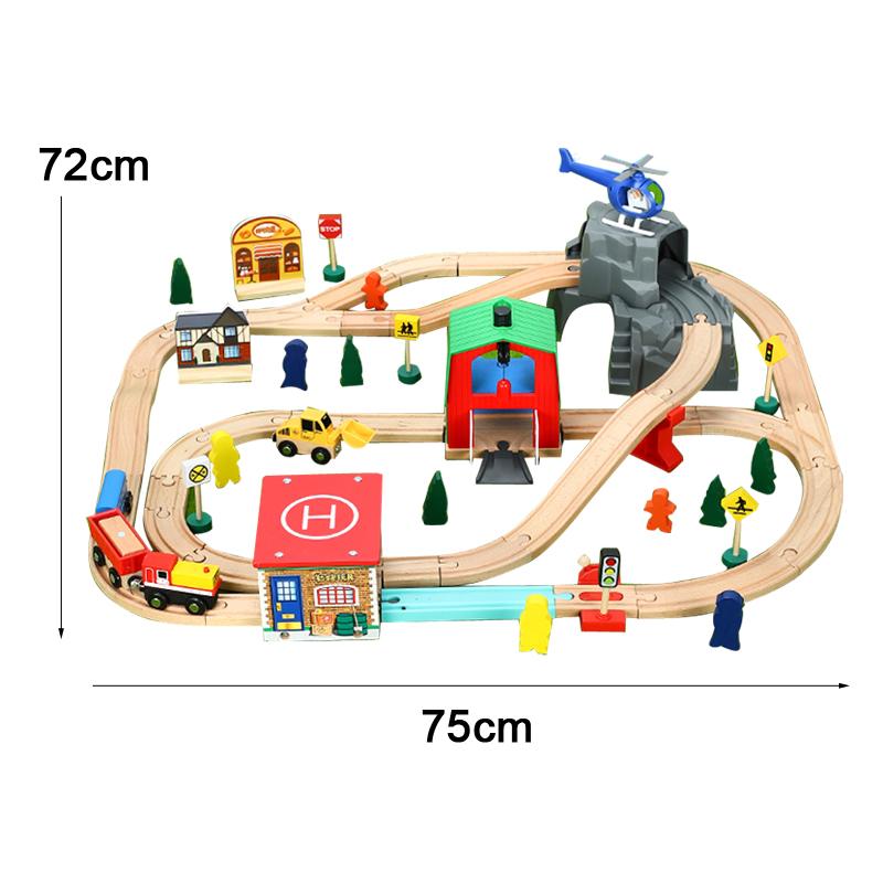 

Трек-комплект, детская игрушечная железная дорога, вертолетная площадка, транспортная пещера, поезд, деревянный, совместимый с деревянными автомобилями 1:64 Старше трех лет