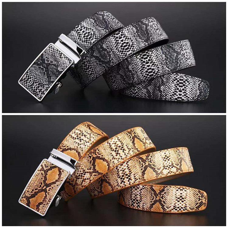Men's Snake Print Leather Belt with Automatic Buckle - Cowhide, Korean Style for Business