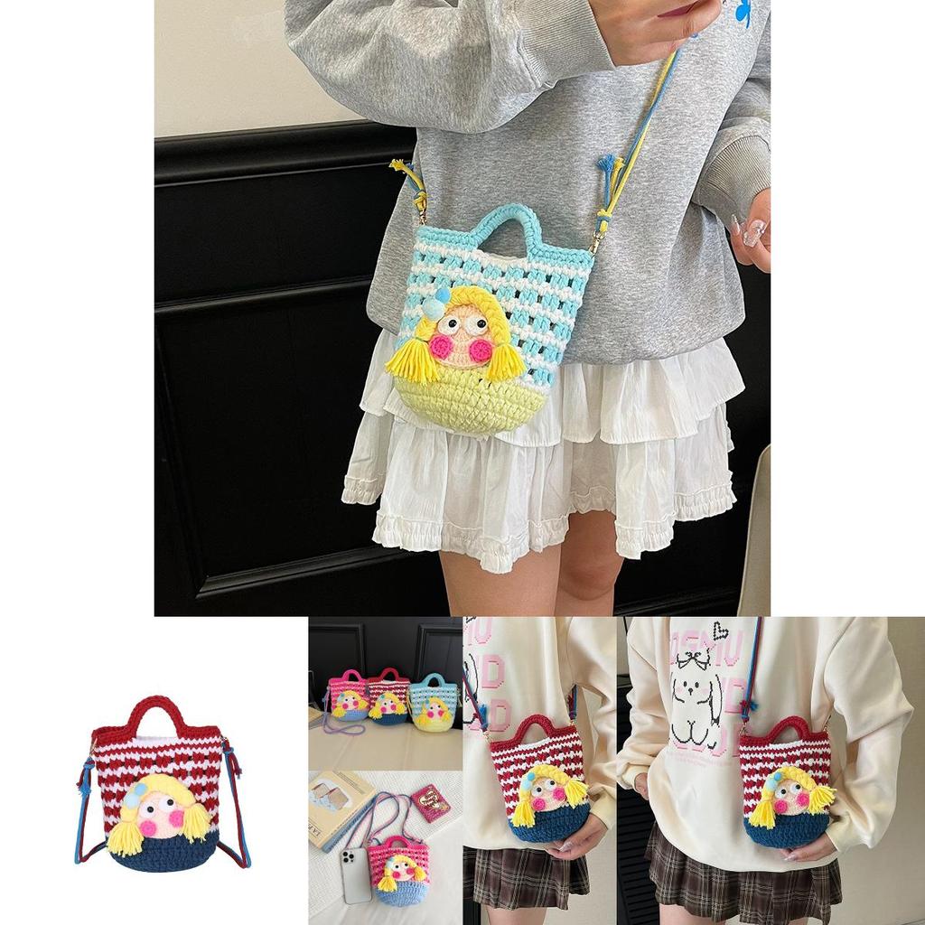 Cartoon Knitted Crossbody Bag With Shy Girl Design For Women Winter Fashion Trendy Casual Womens Accessory