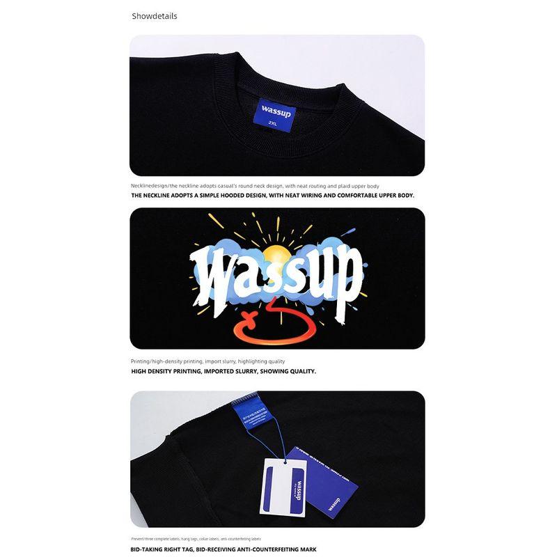 Wassup Cloud Sun National Trend Brand Crew Neck Sweatshirt Men's Autumn/Winter 2024 New Fleece-Lined Heavyweight Pullover Top