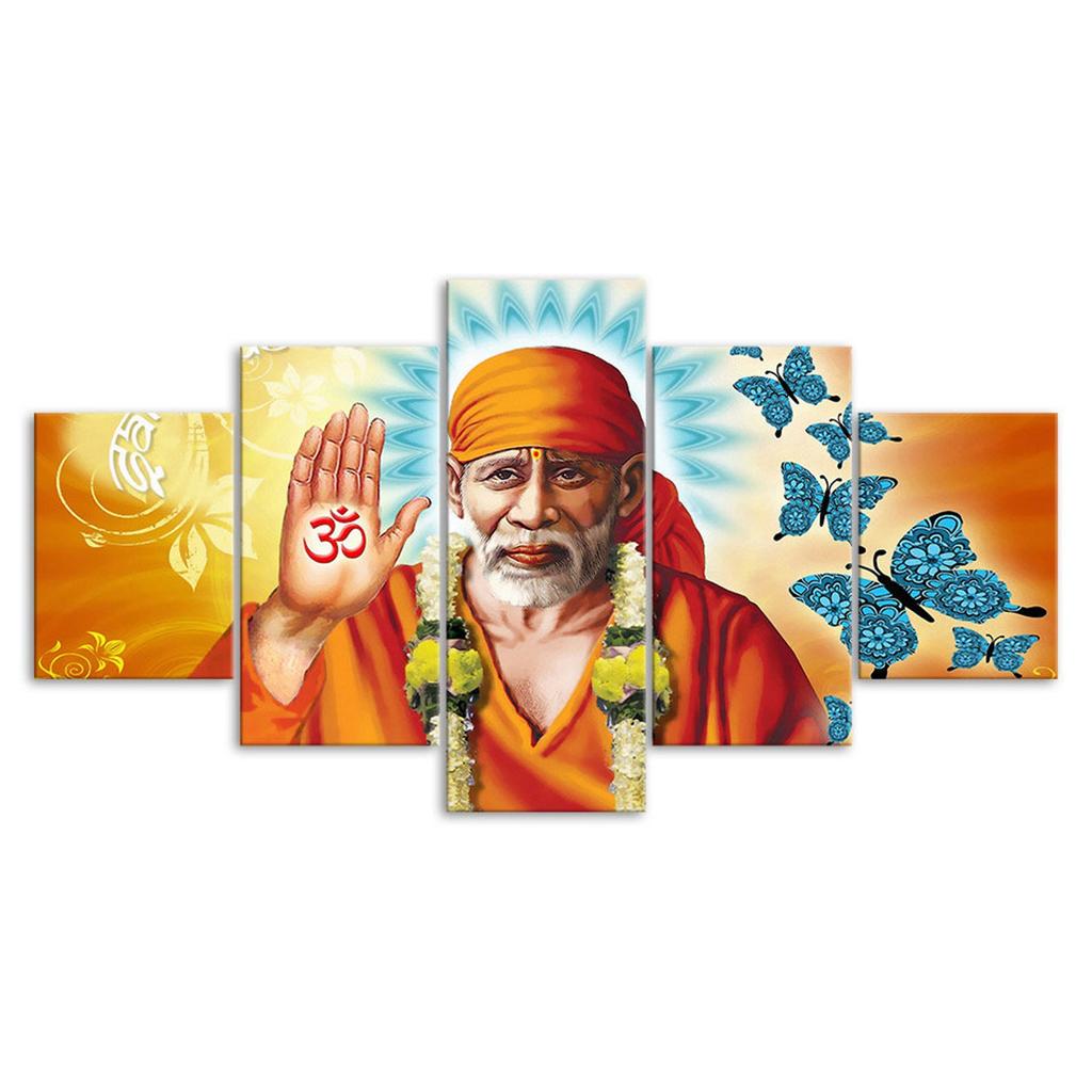 Spiritual Master Shirdi Sai Baba 5 Piece Five Panel Wall Canvas Print Modern Poster Picture Home Decor Gift For Him Her