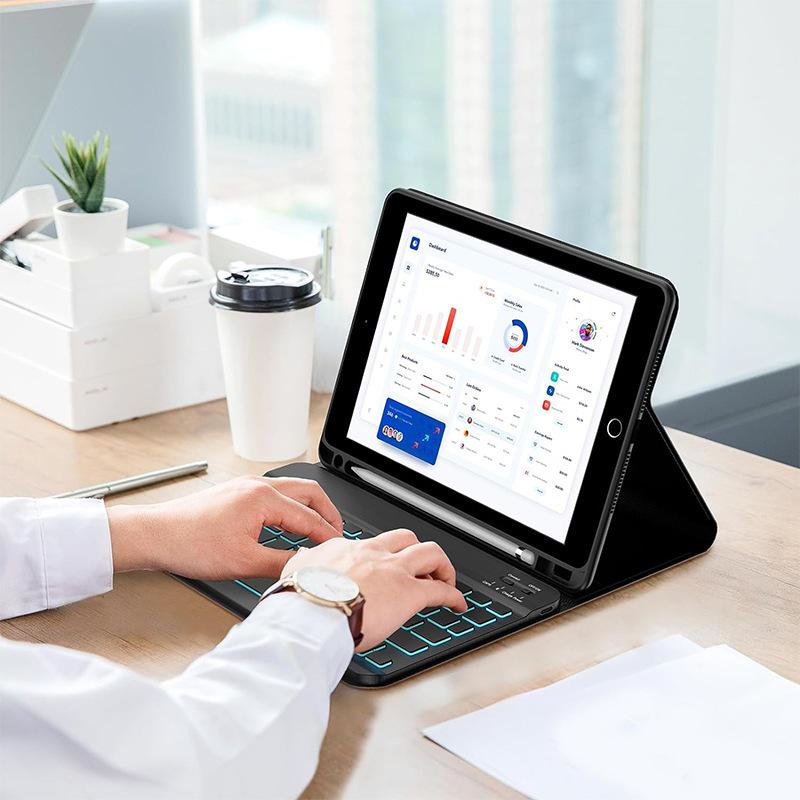 Compatible Protective Case with Seven-Color Backlit Detachable Bluetooth Keyboard for iPad Pro 11"/10.2", with Pen Slot.