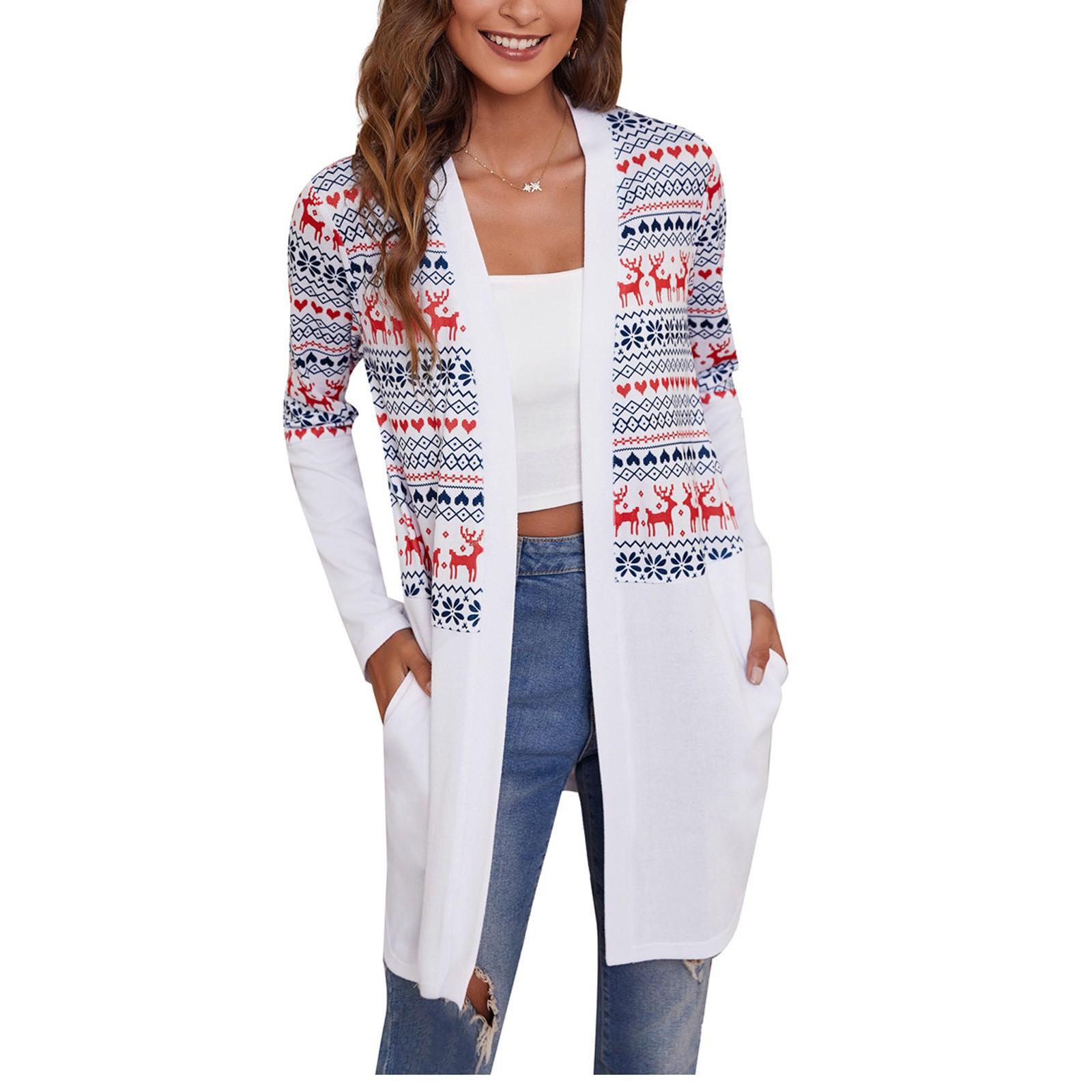 

Женская повседневная куртка-кардиган с цветными блоками и рождественским принтом, длинными рукавами и цветами L белый