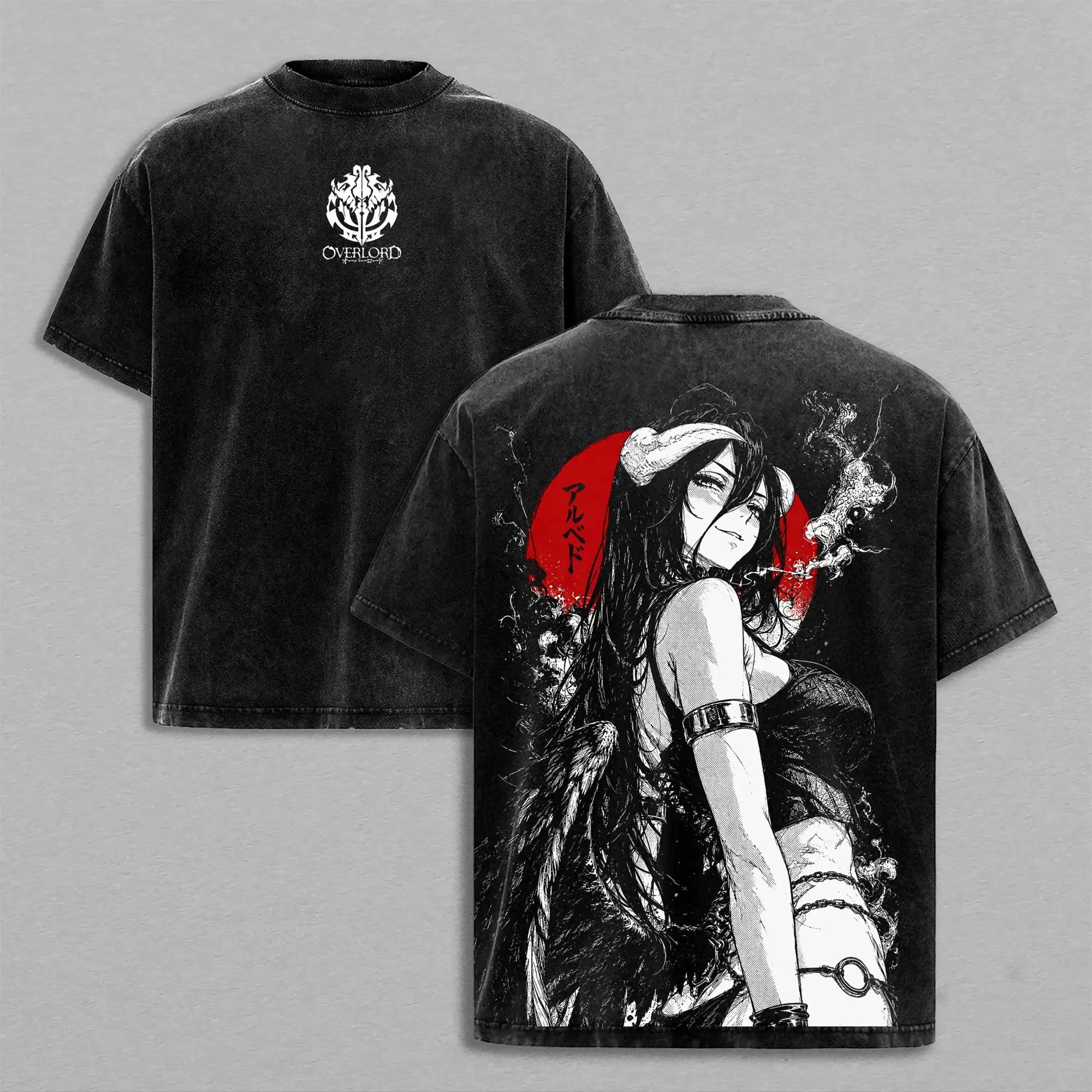 T-shirt Anime Overlord Albedo Gotica Vintage Lavata Casual Abbigliamento Uomo Estate Oversize Manica Corta Poliestere Magliette Top 2XL nero