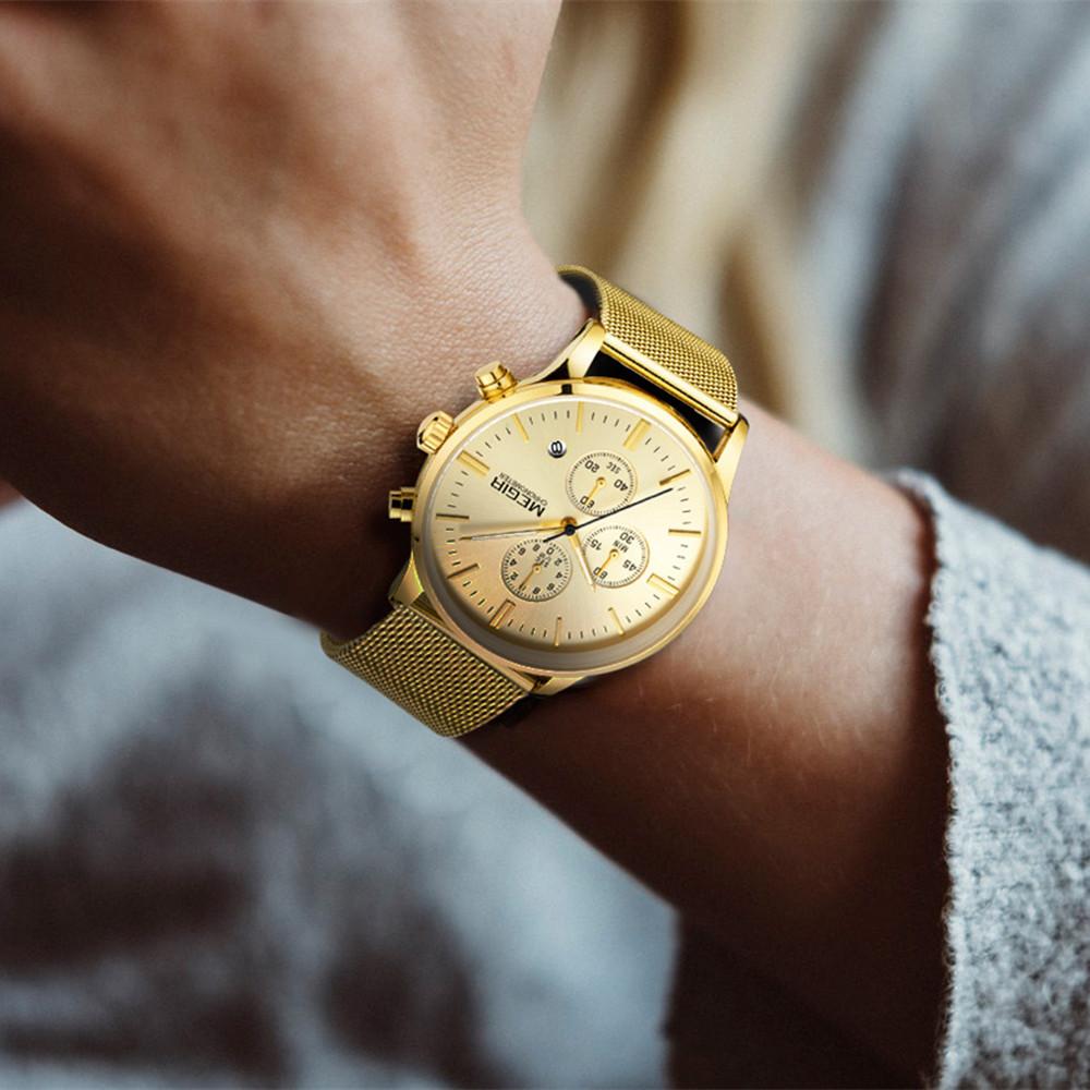 Megir Men Watches Mesh Stainless Steel Quartz Chronograph Watch Clock Relogio Masculino for Male Students Relogios