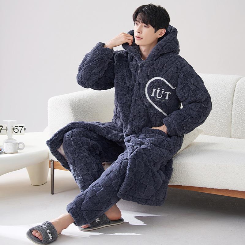 2024 Men's Quilted Winter Hooded Pajama Bathrobe - Warm, Thick Coral Fleece Outerwear