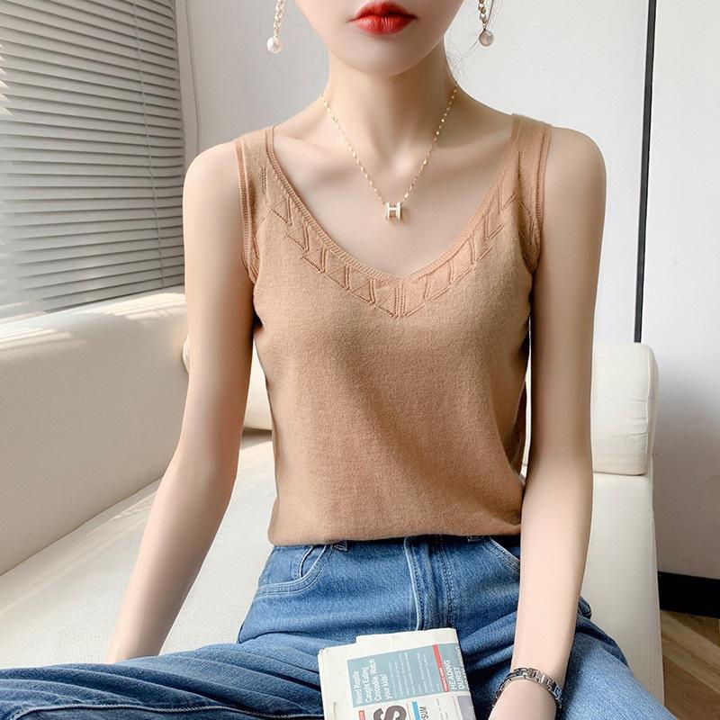 Summer New Fashion Western Style Halter Top Women's Solid Color Thin Knit Vest Bottom Top
