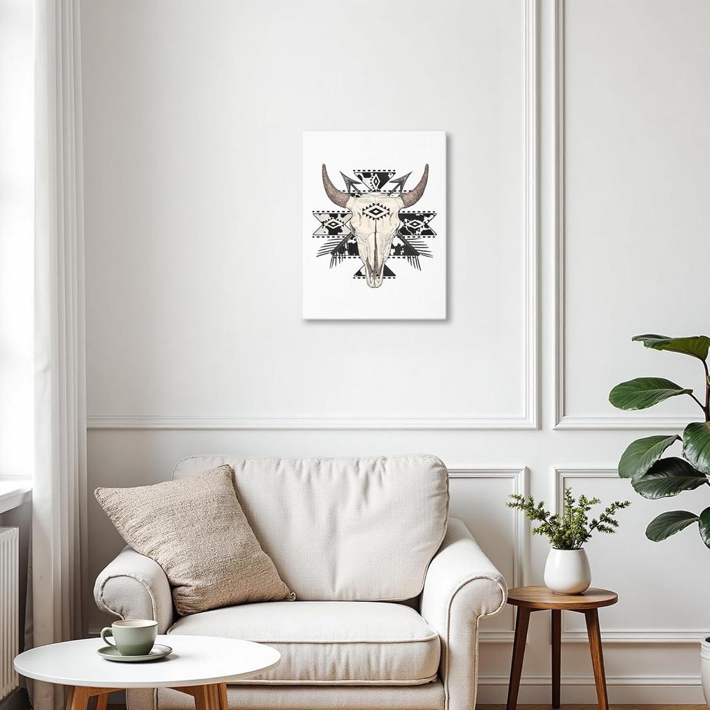 GTYNU Boho Aztec Western Cow Bull Skull Framed Canvas Wall Art Decor, Southwestern Wall Art Canvas Prints, Boho Bedroom Decor, Western Wall Decor for