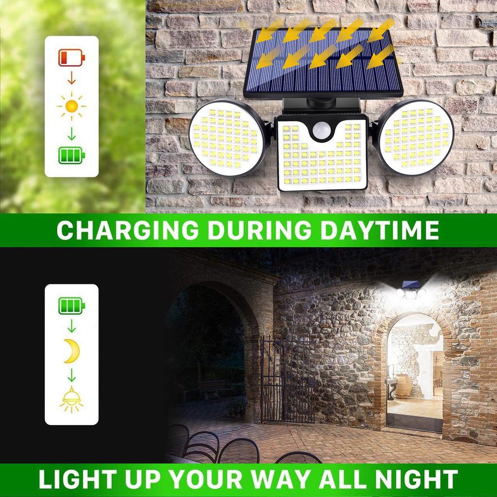 Three-Head Solar Wall Light, 260 LED, Motion Sensor Outdoor Garden & Street Lighting