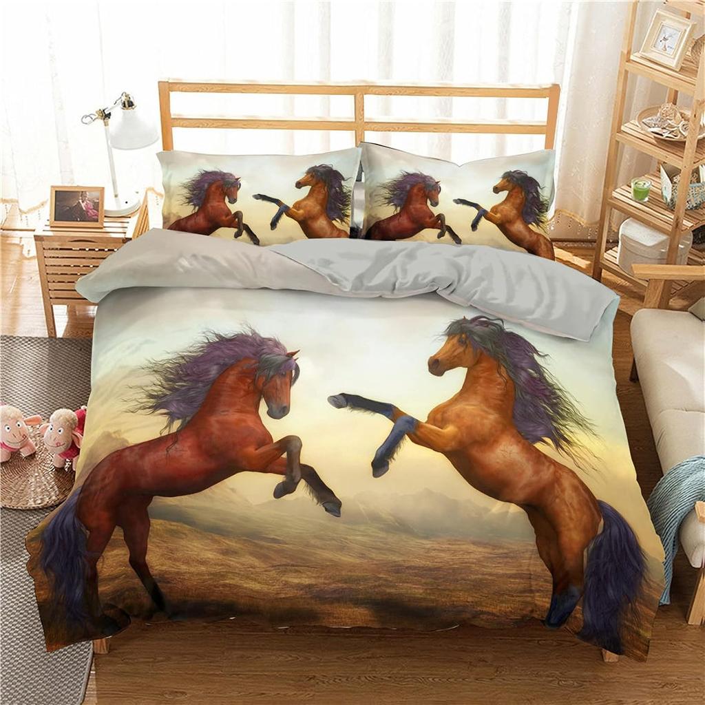 Animal Horse Bedding Set Single Double King Size 2/3 Pieces Lightweight All Year Multicoloured Duvet Cover Set Teenager Boy Girl