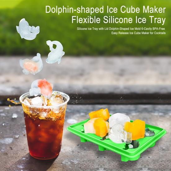 Silicone Ice Tray with Lid Dolphin-Shaped Ice Mold 6-Cavity BPA-Free Easy Release Ice Cube Maker for Cocktails