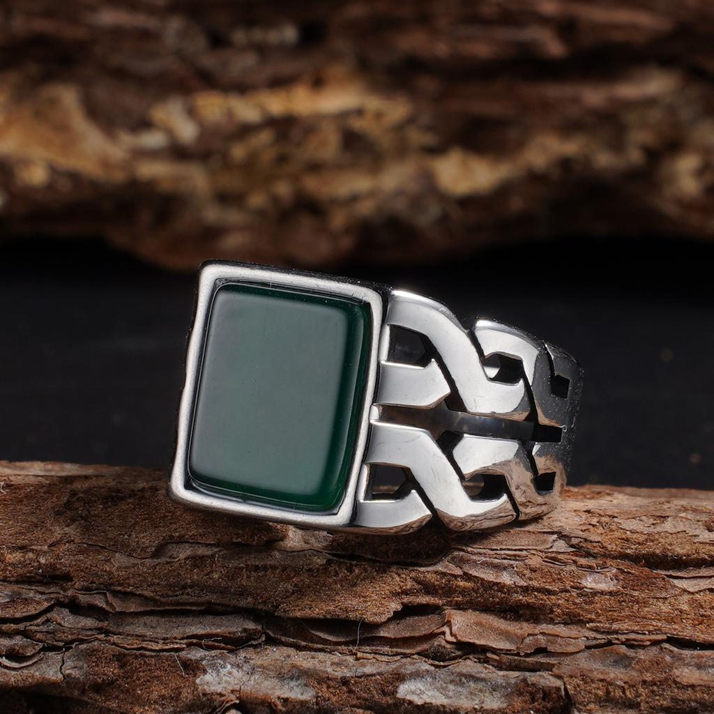 1pc Men's Vintage 316L Stainless Steel Ring with Natural Tiger's Eye Stone Turquoise- Intricate Detailing, Unisex Jewelry