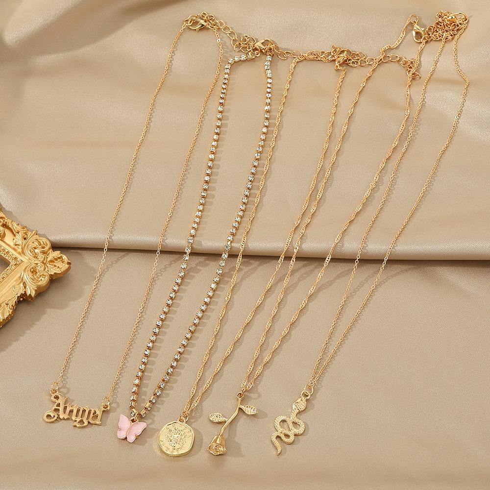 Stacked Wind Butterfly Necklace Female Rose Letter European and American Neck Chain Creative Snake Necklace