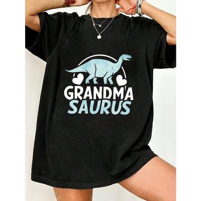 Oversized T Shirt Black Grandma Saurus Dinosaur Print With Hearts For Casual Wear And Gift Ideas