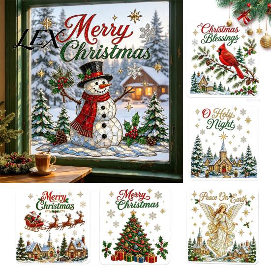 Shopping Mall Christmas Stickers 2Pcs Wall Stickers, Snowy Cottage Tree Self Adhesive Decals, Waterproof PVC Window Clings Snow Scene Holiday