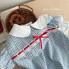 Summer flying sleeve blue grid dress for women, small summer new doll collar short skirt, super beautiful princess skirt