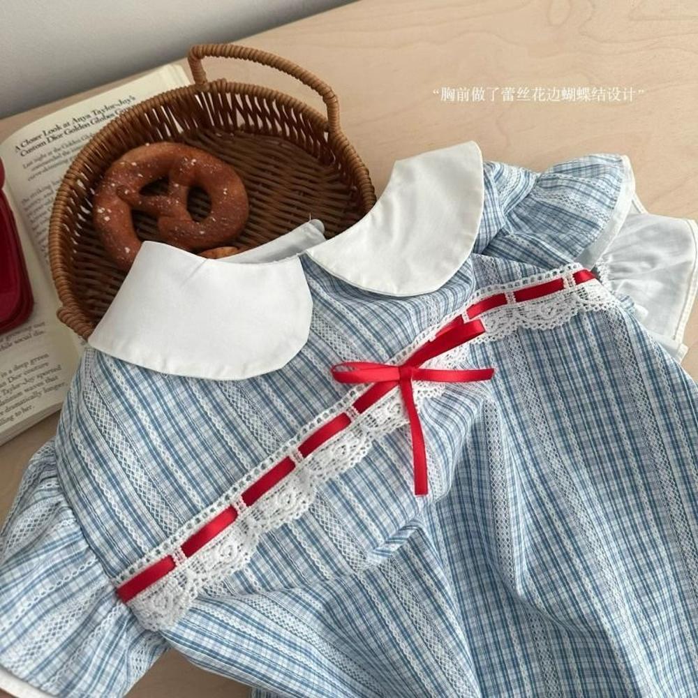 Summer flying sleeve blue grid dress for women, small summer new doll collar short skirt, super beautiful princess skirt
