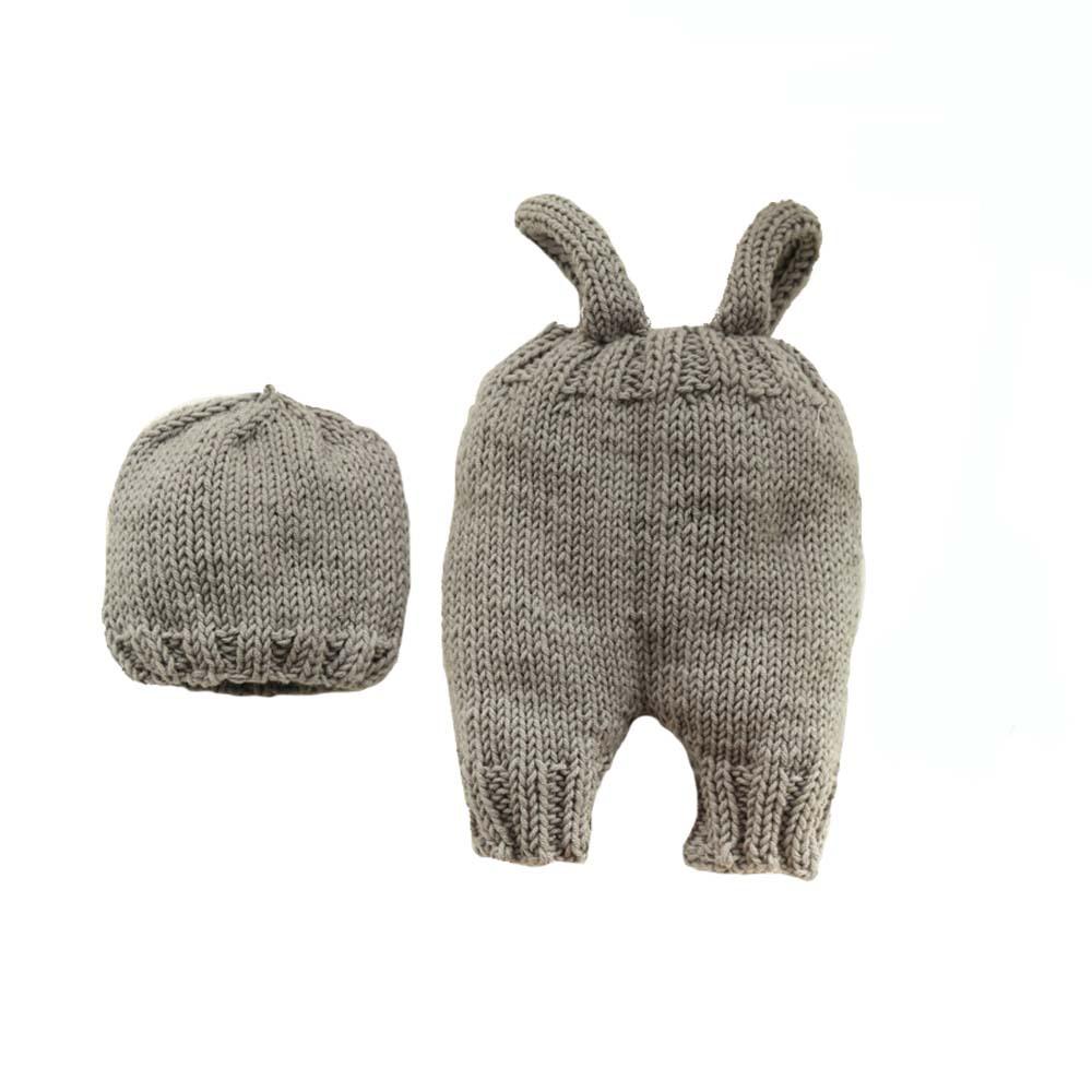 2020 Newborn Photo Props: 2-Color Knit Baby Overalls & Hat Set