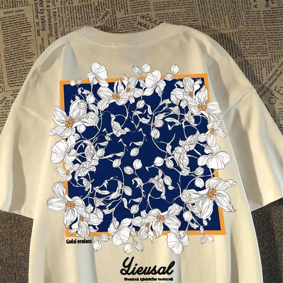 

Summer Plus Men s Cotton Tshirt with Korean Flower Print Fashionable Retro Loose Short Sleeved T-shirt Fashionable Retro T-shirt S