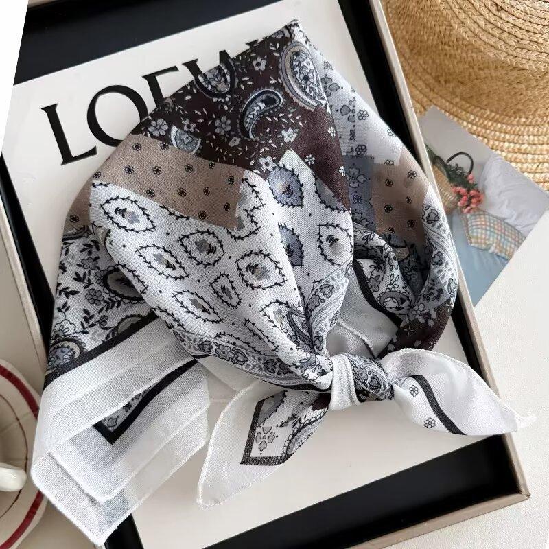 Cotton and linen geometric polka dots retro printed silk scarf women's square scarf high-end shawl sunscreen neck scarf headscarf scarf